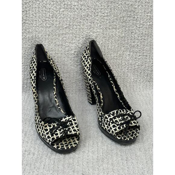 Coach Corey Black & White Signature Print Peep Toe Heels Size 10 AS IS #38 - Picture 1 of 10